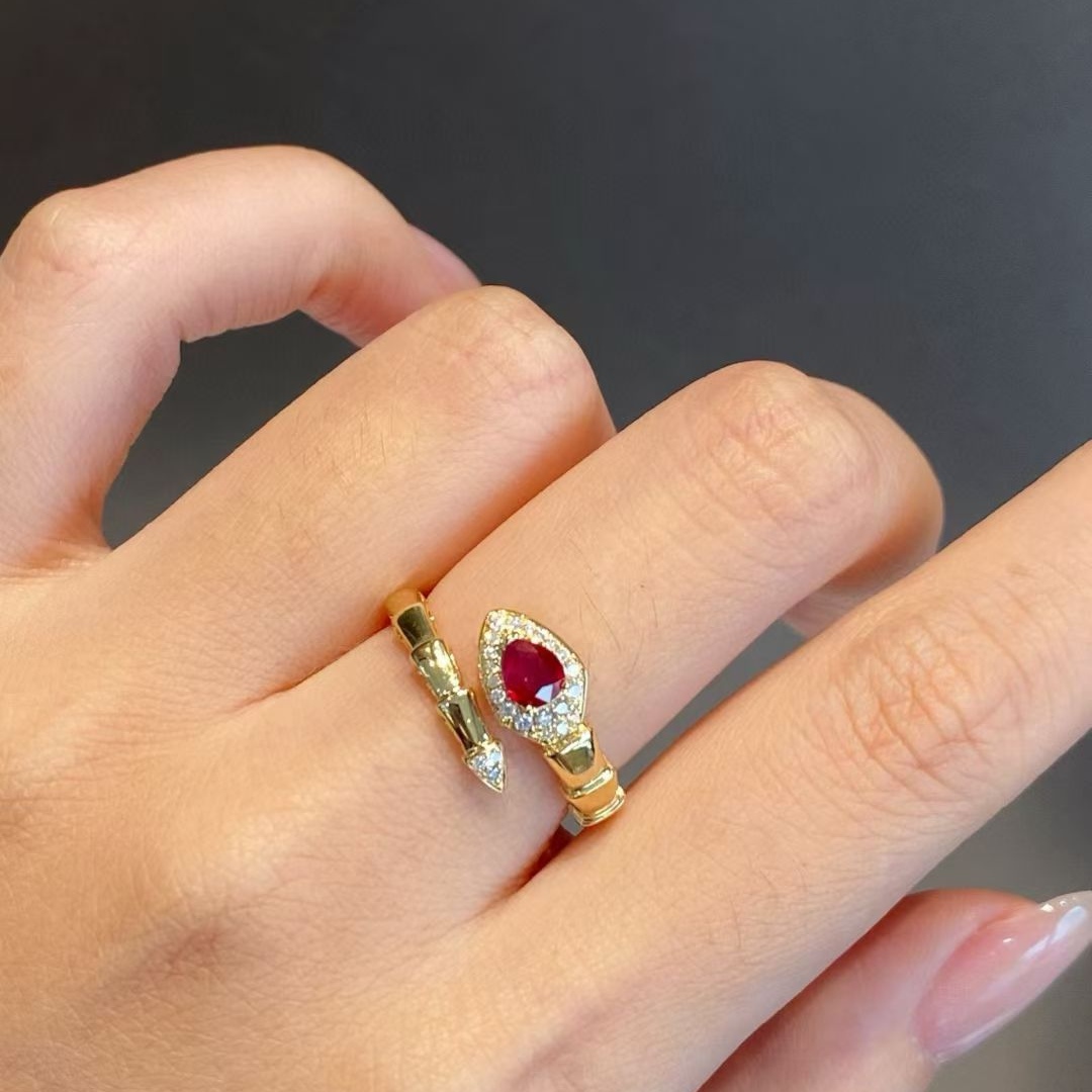 复古蛇戒红宝石36分鸽血红18k厚金镶嵌钻石11分高级大气 GRC证书 - 图0