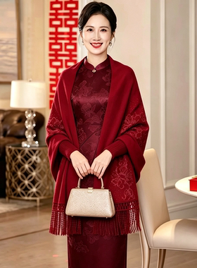 披肩红色高贵显气质喜婆婆配旗袍礼服的外搭绣花洋气针织保暖外套