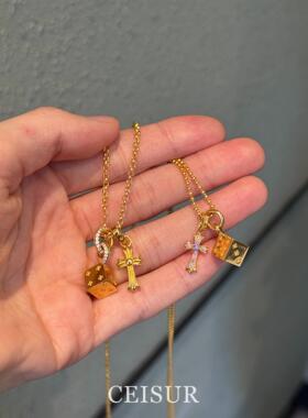 白紫蓝红钻十字架骰子项链