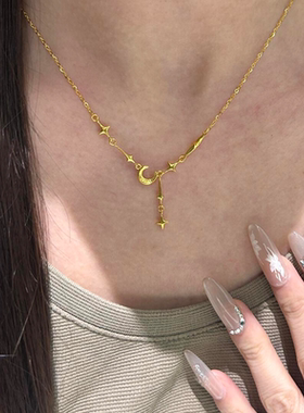 中古金色四芒星月亮流苏项链