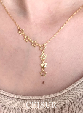 满天星金色镂空五角星流苏项链女