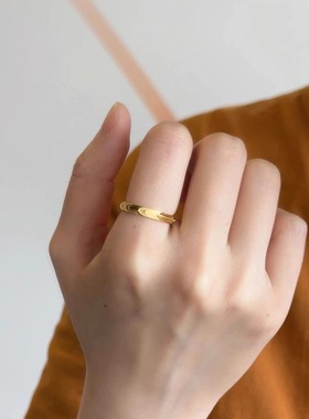 S925纯银金色素圈戒指女气质对戒