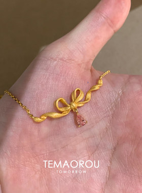 金色拉丝粉钻水滴蝴蝶结项链女