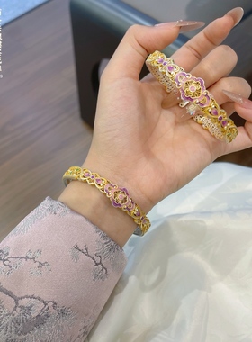 足银999.9描金珐琅彩镂空花丝如意开口手镯国潮轻奢送女友