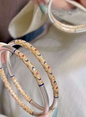 足银999.9描金珐琅彩如意花闭口手镯国潮风新中式送女友