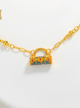 沙金福袋小锁包兰花手链滴油花朵珐琅彩手串AB链带延长链手饰品女