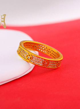 沙金钱币点钻镂空戒指轻奢风复古满天星磨砂指环精工送女朋友手饰