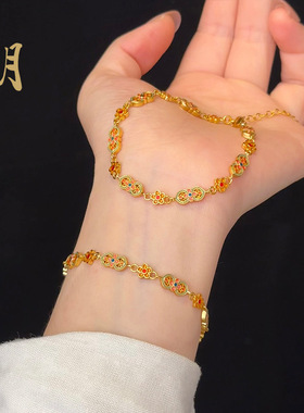 沙金久不掉色珐琅彩双如意手链女生国风祥云祥瑞环环相扣手串饰品