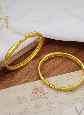 沙金花草纹手镯錾刻珠珠繁花镯贵妃镯国风大气百搭轻奢设计感镯子