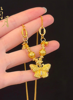 古法錾刻沙金点钻蝴蝶钱币飞碟珠子项链复古铃兰花实心福蝶毛衣链