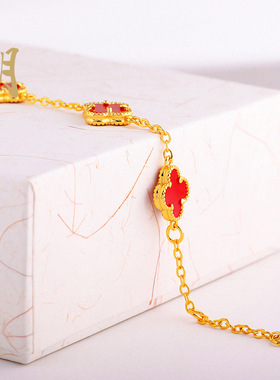 沙金四叶花边五花红色手链久不掉色时尚轻奢高级感波点手串手饰品