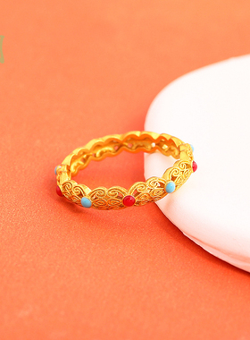 沙金镂空蝶翼戒指花丝闭口戒红蓝轻奢高级感滴油小众设计女戒饰品