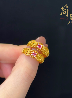 久不掉色沙金繁花镶钻戒指如意祥云花纹紫荆花个性活口对戒女指环