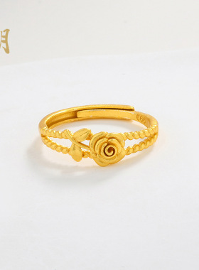 沙金玫瑰花戒指女ins风 个性设计镂空山茶花开口食指戒网红指环女