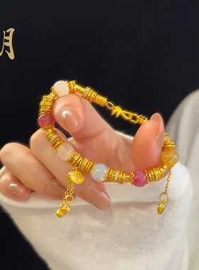 沙金多彩盘缠手链强保色多巴胺铃铛女生手链天然石平安锁锤纹手串