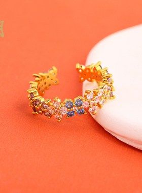 沙金满钻蝴蝶四叶花戒指多巴胺复古轻奢高级感彩色镶钻指环女饰品