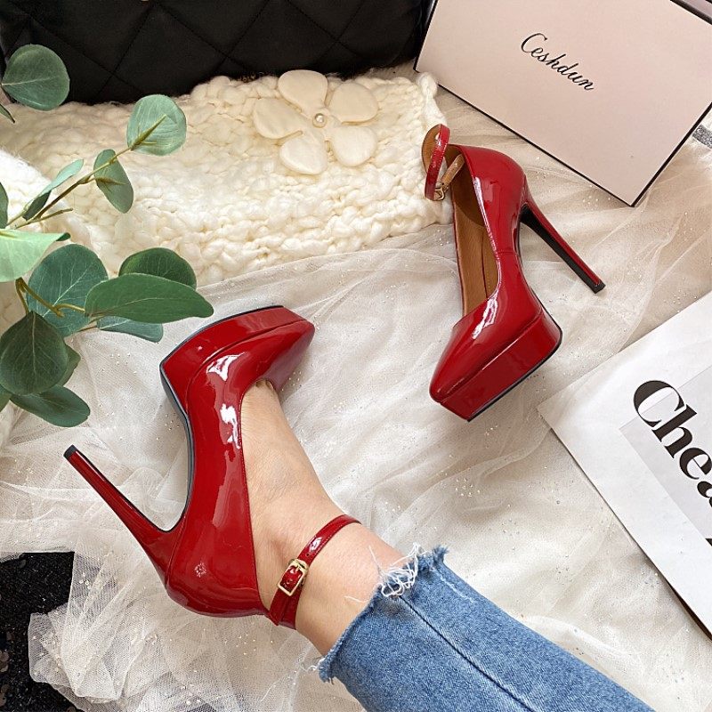 2024年新款浅口单鞋漆皮真皮细高跟防水台尖头一字带黑色气质女鞋,淘宝优惠券,粉丝福利购,淘宝优惠卷