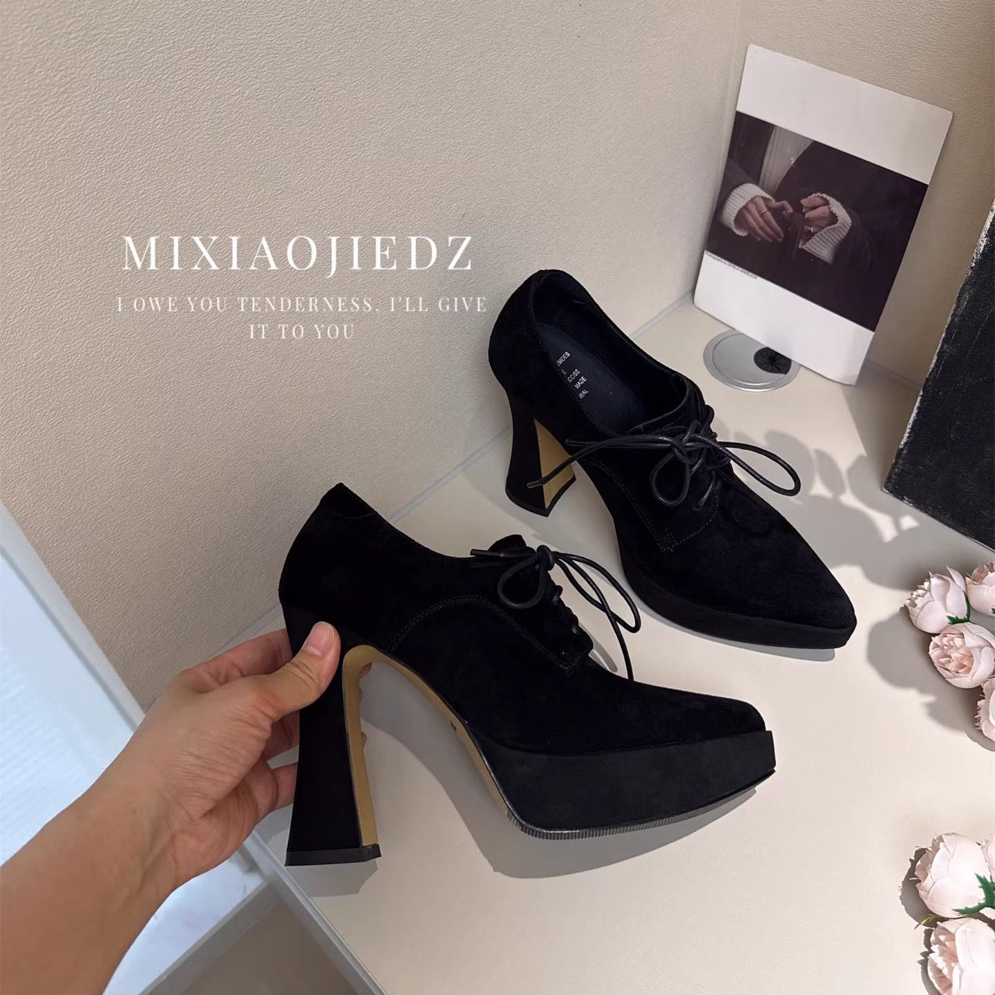 2025新款深口系带防水台真皮高跟鞋尖头粗跟通勤不累脚单鞋,淘宝优惠券,粉丝福利购,淘宝优惠卷