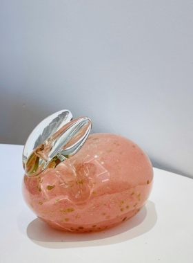 粉色洒金兔子摆件外贸出口手工玻璃动物镇纸一级品11*8*9cm