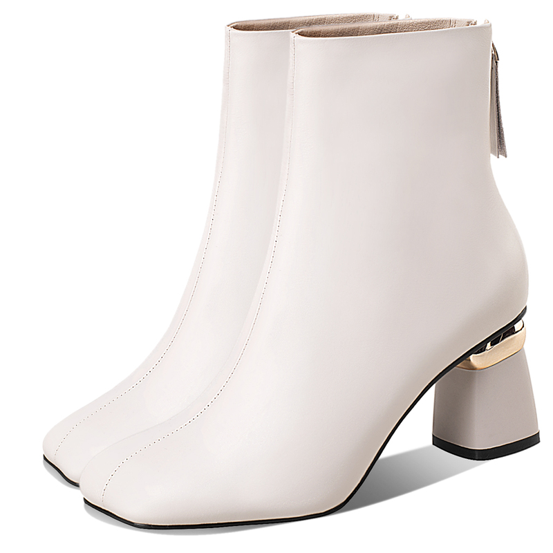 女鞋2023秋冬季新款欧美方头粗跟米白色真皮靴子高跟短筒女士短靴 - 图3