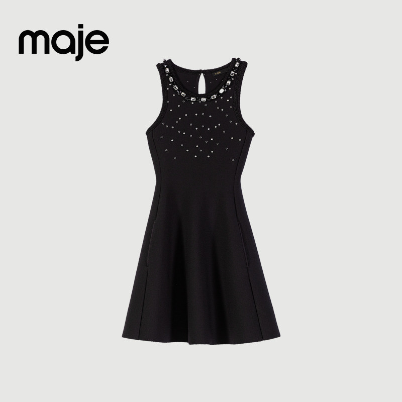 Maje2025秋冬新款女装法式时尚领口仿钻装饰无袖短款针织连衣裙,淘宝优惠券,粉丝福利购,淘宝优惠卷