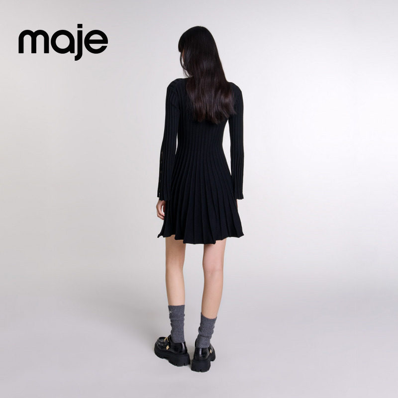 Maje2025秋冬女装法式时尚黑色喇叭袖这周裙摆收腰短款针织连衣裙,淘宝优惠券,粉丝福利购,淘宝优惠卷