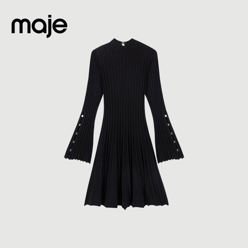 Maje2025秋冬女装法式时尚黑色喇叭袖这周裙摆收腰短款针织连衣裙,淘宝优惠券,粉丝福利购,淘宝优惠卷