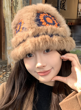 兔毛帽子虎头醒狮渔夫帽女显脸小