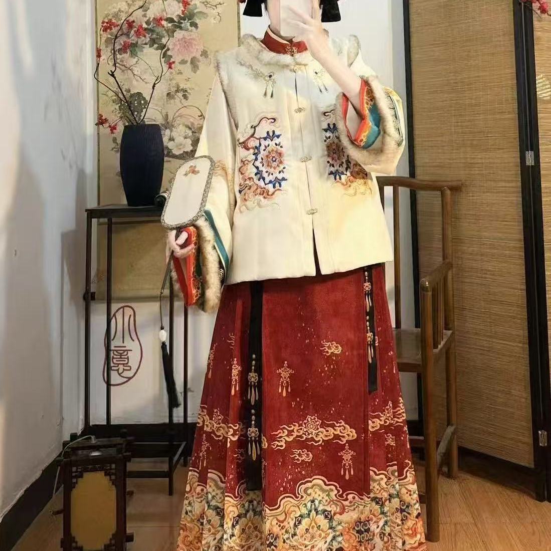 冬季大码汉服女200斤胖mm加绒加厚比甲马面裙套装明制显瘦拜年服 - 图2