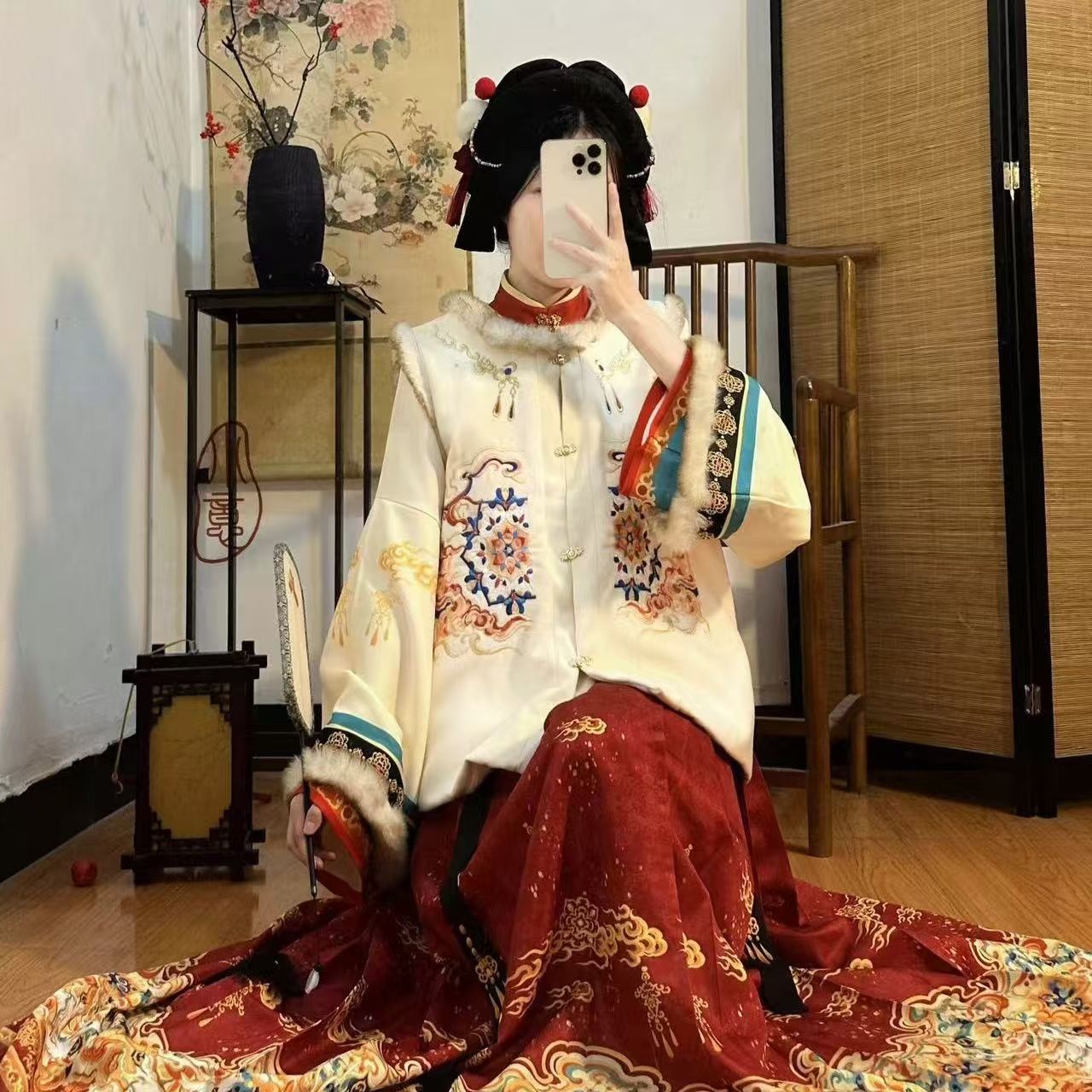 冬季大码汉服女200斤胖mm加绒加厚比甲马面裙套装明制显瘦拜年服 - 图3