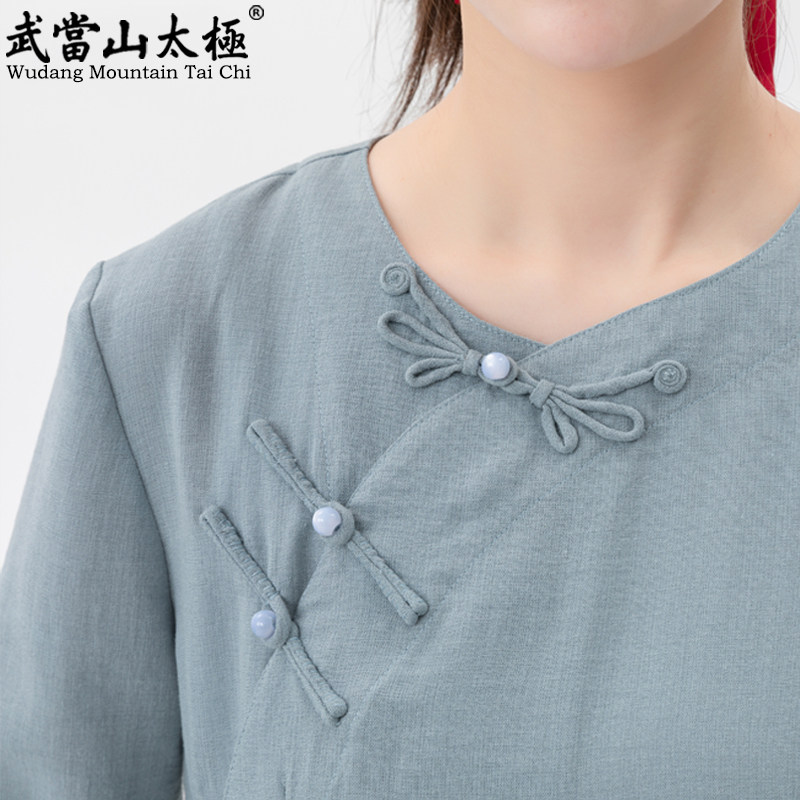 武当山太极服2025新款女亚棉麻茶服练功服晨练服蝴蝶扣武术表演服