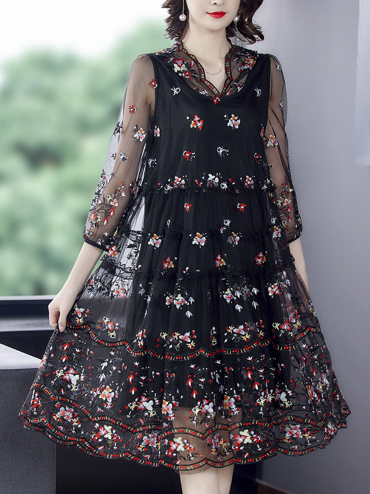 台湾重工网纱刺绣连衣裙女2023春夏新款贵夫人高端真丝桑蚕丝长裙