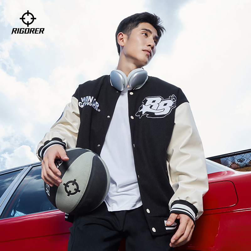 准者男女款美式棒球服秋季新款情侣运动休闲外套PU皮撞色飞行夹克