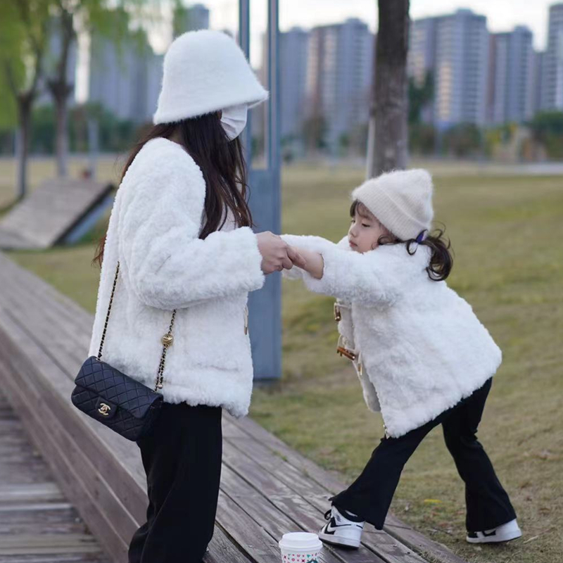 亲子装女童冬季儿童环保皮草外套双面绒保暖加厚棉衣服母女装