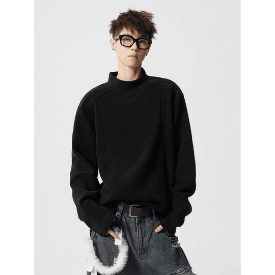 美式解构半高领德绒长袖T恤男款秋冬季潮牌宽松内搭打底衫上衣服