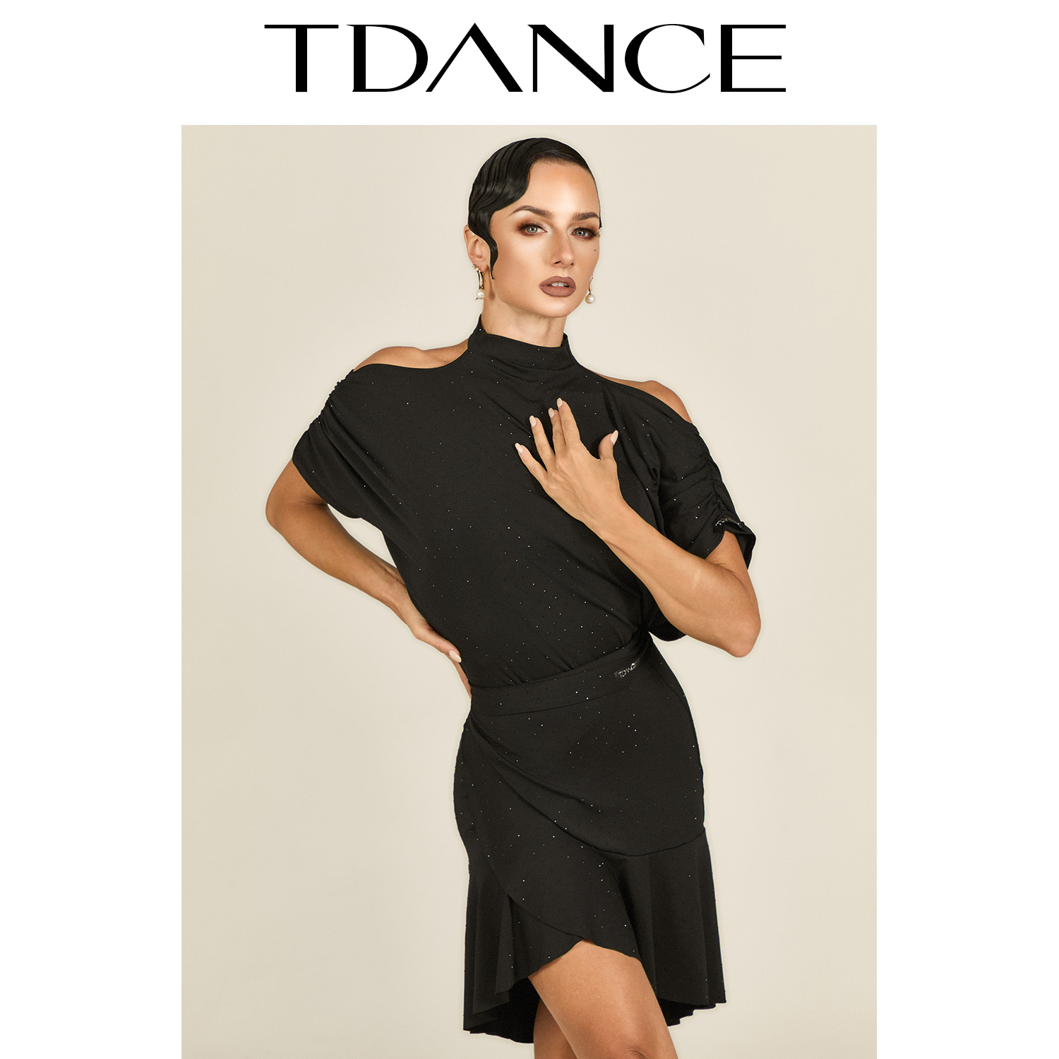 TDANCE拉丁摩登女【烫钻挂脖漏肩连体上衣】集训班服教师 GL-203 - 图0