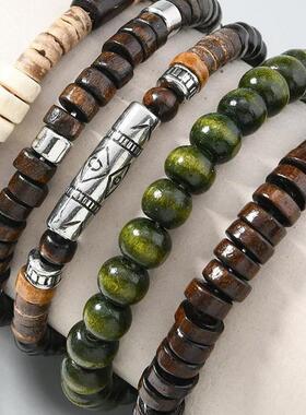 新品灵魂碰撞欧美新珠宝男士文艺复古多层弹力线木珠手链多层堆叠