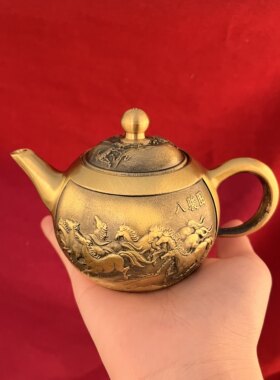 仿古八骏图铜龙纹手工雕刻茶壶