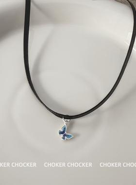 S925纯银蓝色蝴蝶锁骨链新款