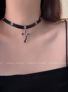 红色十字架骷髅万圣节项链choker