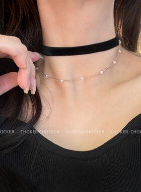 圣诞酒红色丝绒锁骨链