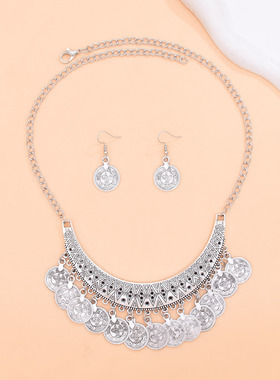 复古雕花银色钱币流苏项链套装女