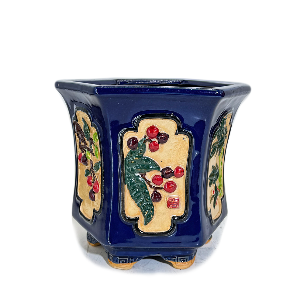 彩绘冰裂仿石湾风格花盆陶瓷六角盆景盆开窗浮雕高身收腰六方花盆,淘宝优惠券,粉丝福利购,淘宝优惠卷