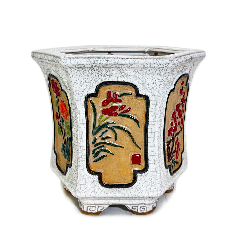彩绘冰裂仿石湾风格花盆陶瓷六角盆景盆开窗浮雕高身收腰六方花盆,淘宝优惠券,粉丝福利购,淘宝优惠卷