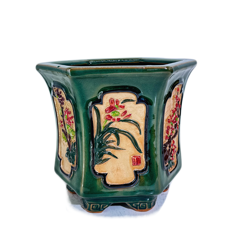 彩绘冰裂仿石湾风格花盆陶瓷六角盆景盆开窗浮雕高身收腰六方花盆,淘宝优惠券,粉丝福利购,淘宝优惠卷