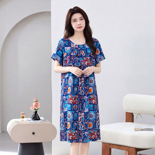 棉绸睡裙夏季薄款女士连衣裙人造棉睡衣简约宽松舒适居家服可外穿 - 图0