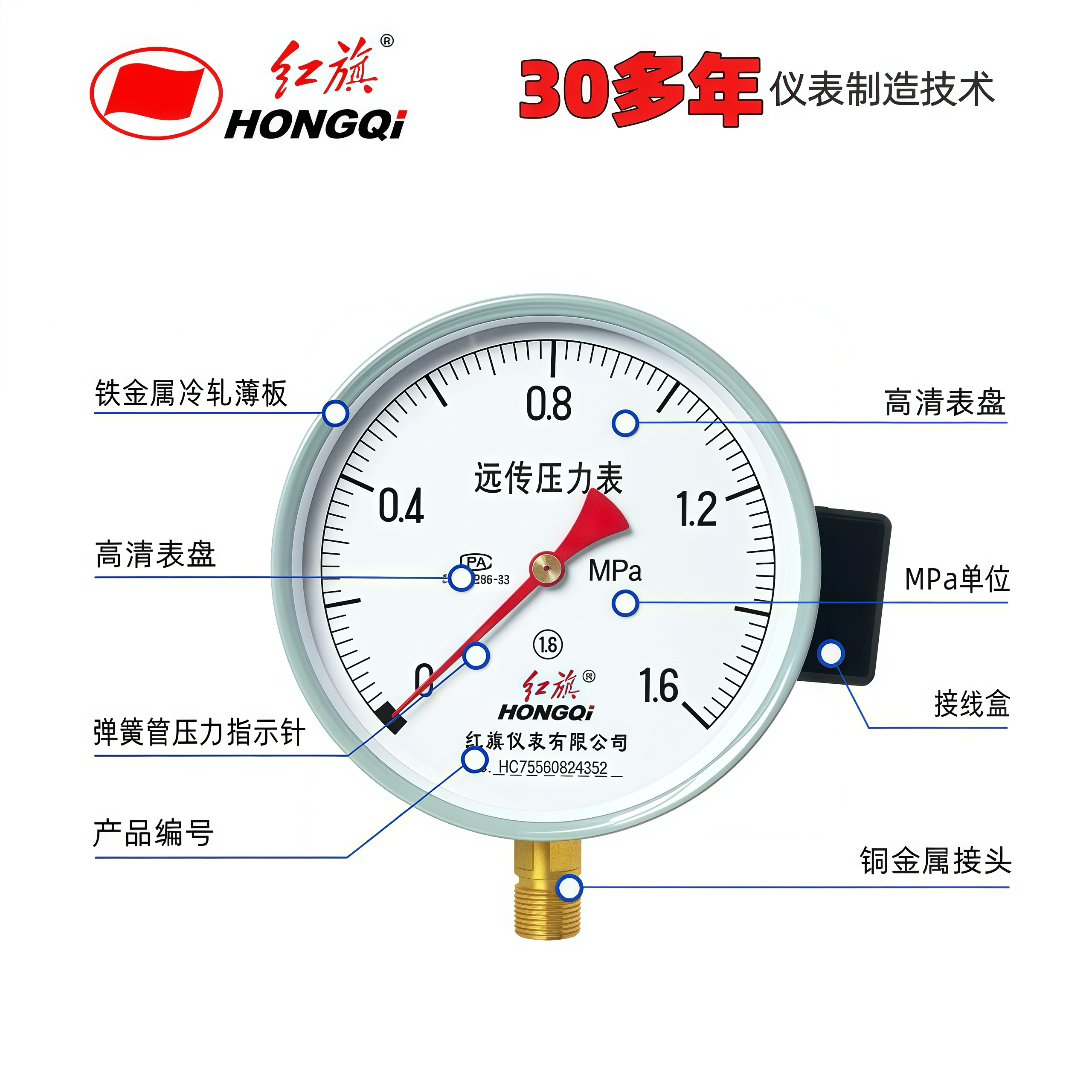 红旗牌远传压力表变频器专用恒压供水YTZ150远程1.6Mpa/1真空负 - 图0