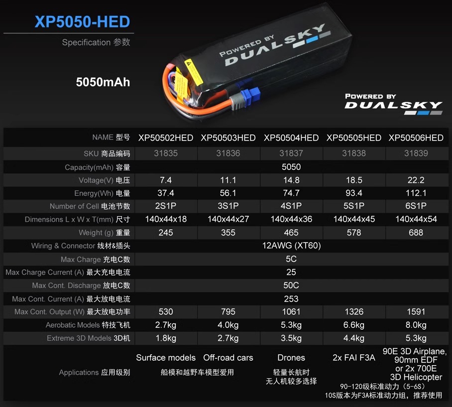 双天HED 5050毫安2S 3S 4S 5S 6S航模固定翼飞机锂电池 50C放电-图3