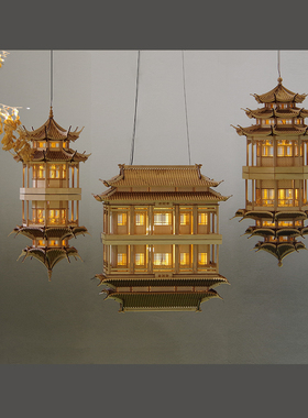 新中式纯手工木质古建筑模型挂鉓室内橱窗软装悬挂鉓品