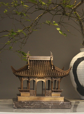 新中式风拼接古建筑亭子大堂摆件